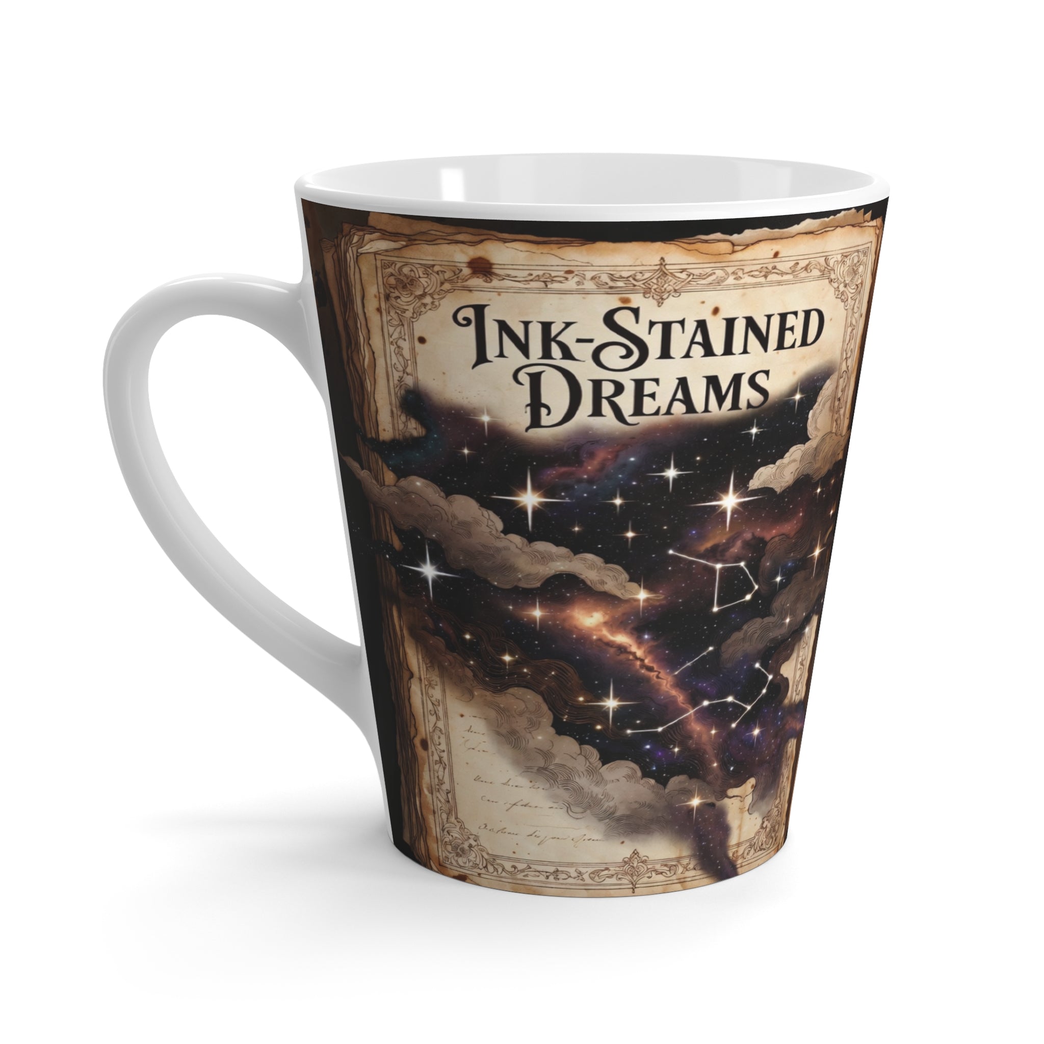 Latte Mug — "Ink-Stained Dreams" Galaxy Book Art Ceramic Mug