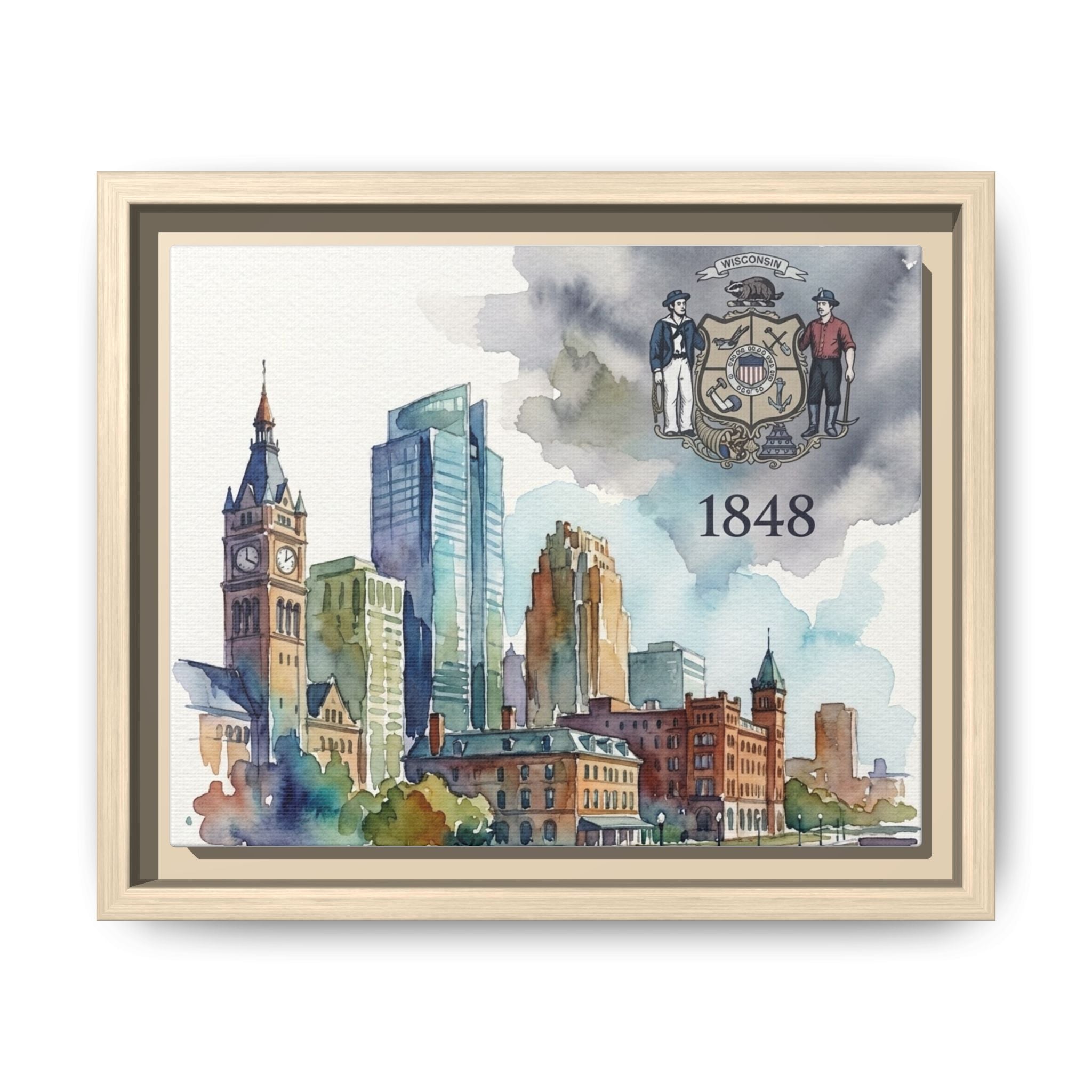 Wisconsin 1848 Milwaukee Skyline Framed Canvas