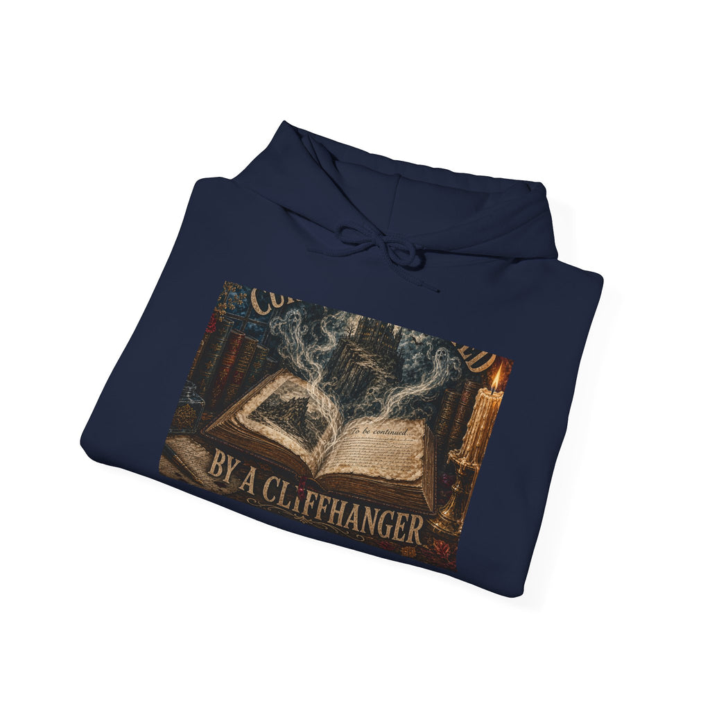 Hooded sweatshirt printed with an open book, a misty cliffside castle, candlelight and 'Currently Haunted by a Cliffhanger' (alternate view 15)