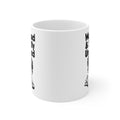 Ceramic mug printed with bold black 'Well-Read & Slightly Unhinged' type with a cartoon reader (alternate view 2)