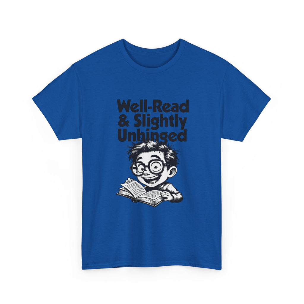T-shirt printed with bold black 'Well-Read & Slightly Unhinged' type with a gleeful cartoon reader (alternate view 10)