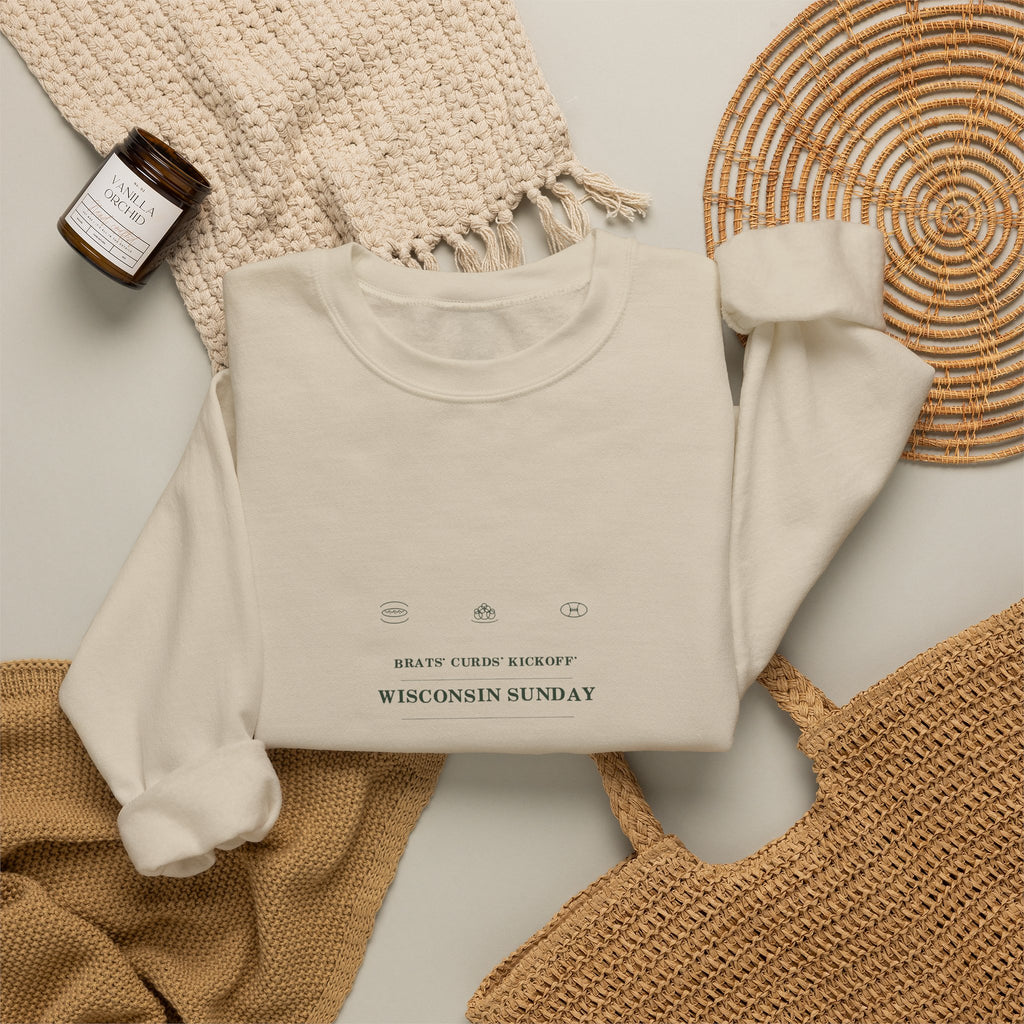 Brats. Curds. Kickoff. Wisconsin Sunday Crewneck Sweatshirt
