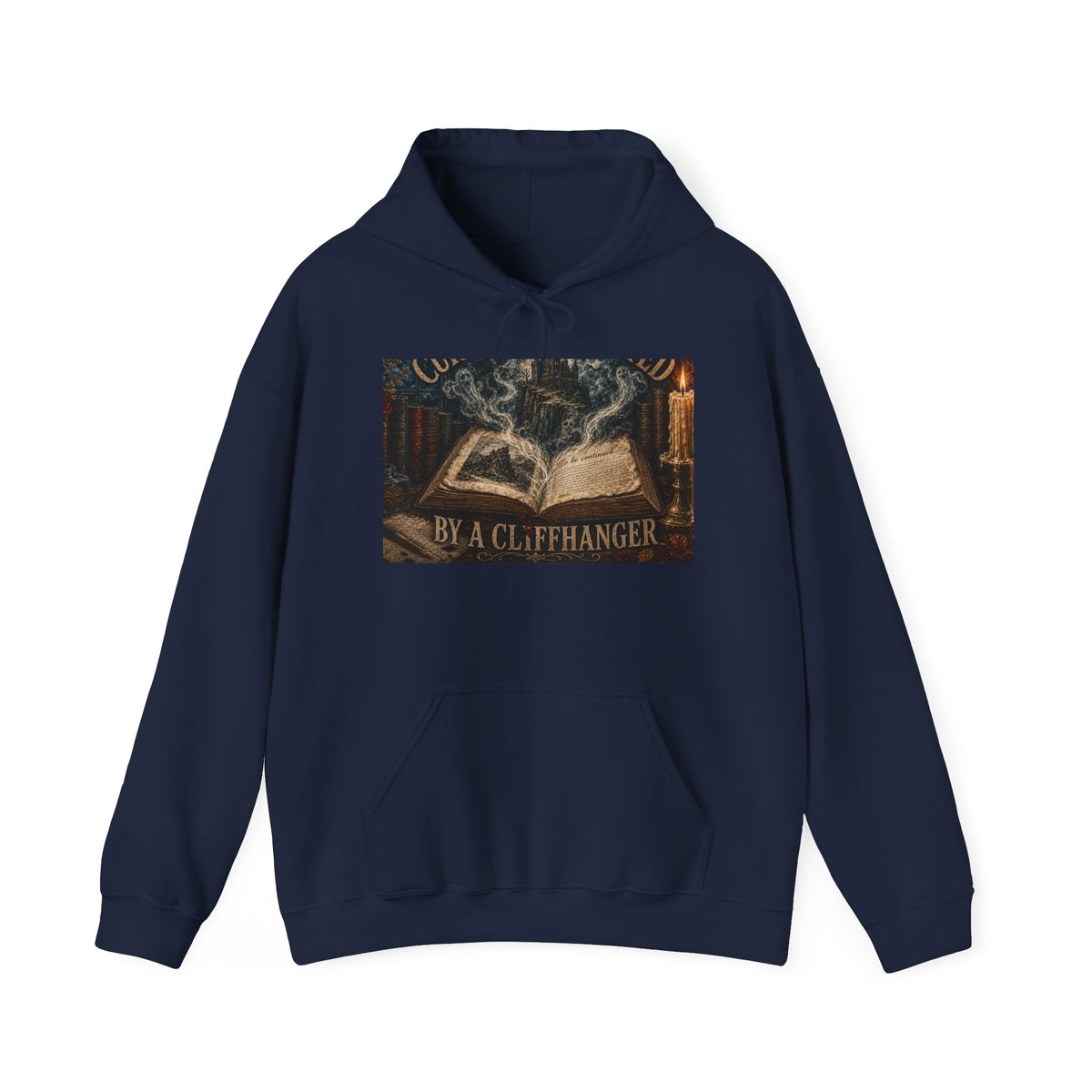Navy hooded sweatshirt printed with an open book, a misty cliffside castle, candlelight and 'Currently Haunted by a Cliffhanger'