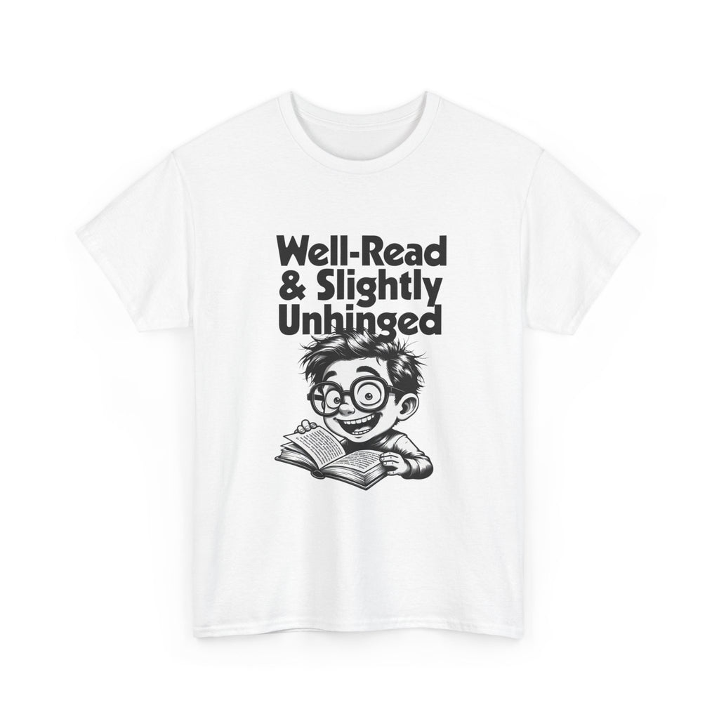 T-shirt printed with bold black 'Well-Read & Slightly Unhinged' type with a gleeful cartoon reader (alternate view 4)