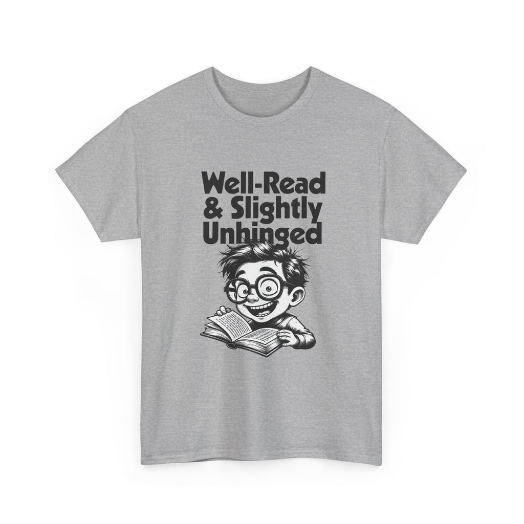 T-shirt printed with bold black 'Well-Read & Slightly Unhinged' type with a gleeful cartoon reader (alternate view 7)