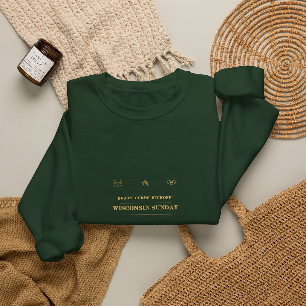 Brats. Curds. Kickoff. Wisconsin Sunday Crewneck Sweatshirt