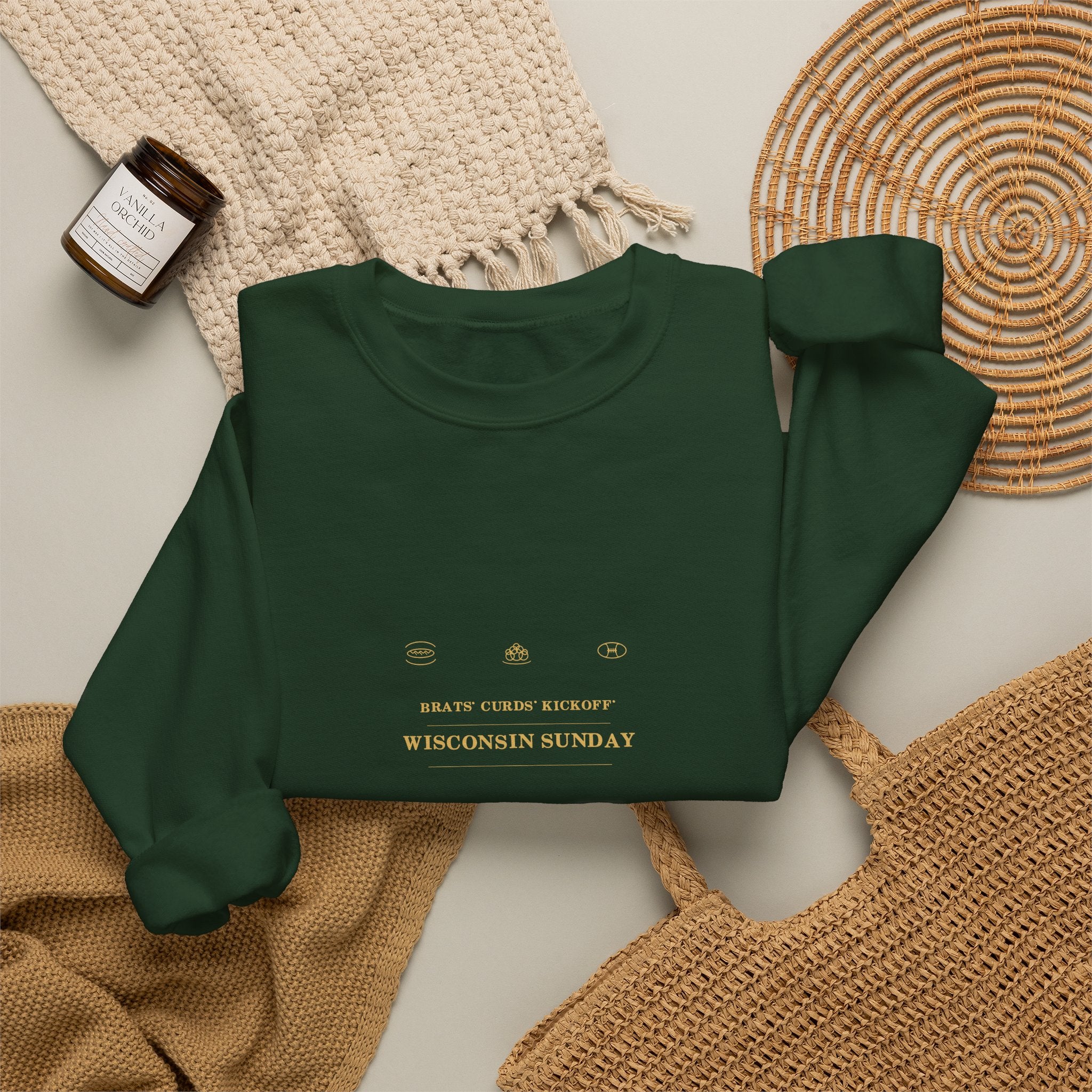 Brats. Curds. Kickoff. Wisconsin Sunday Crewneck Sweatshirt