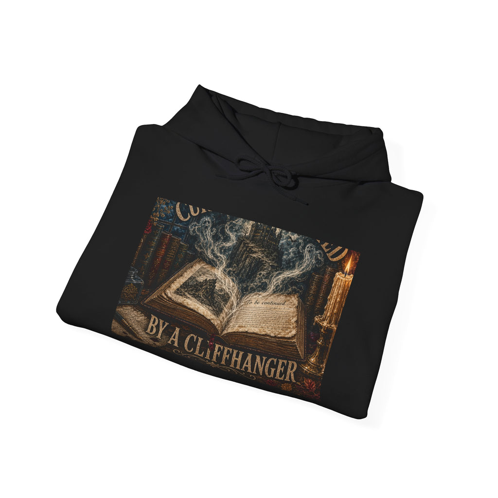 Hooded sweatshirt printed with an open book, a misty cliffside castle, candlelight and 'Currently Haunted by a Cliffhanger' (alternate view 6)