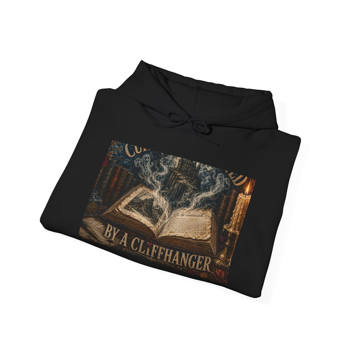 Hooded sweatshirt printed with an open book, a misty cliffside castle, candlelight and 'Currently Haunted by a Cliffhanger' (alternate view 6)