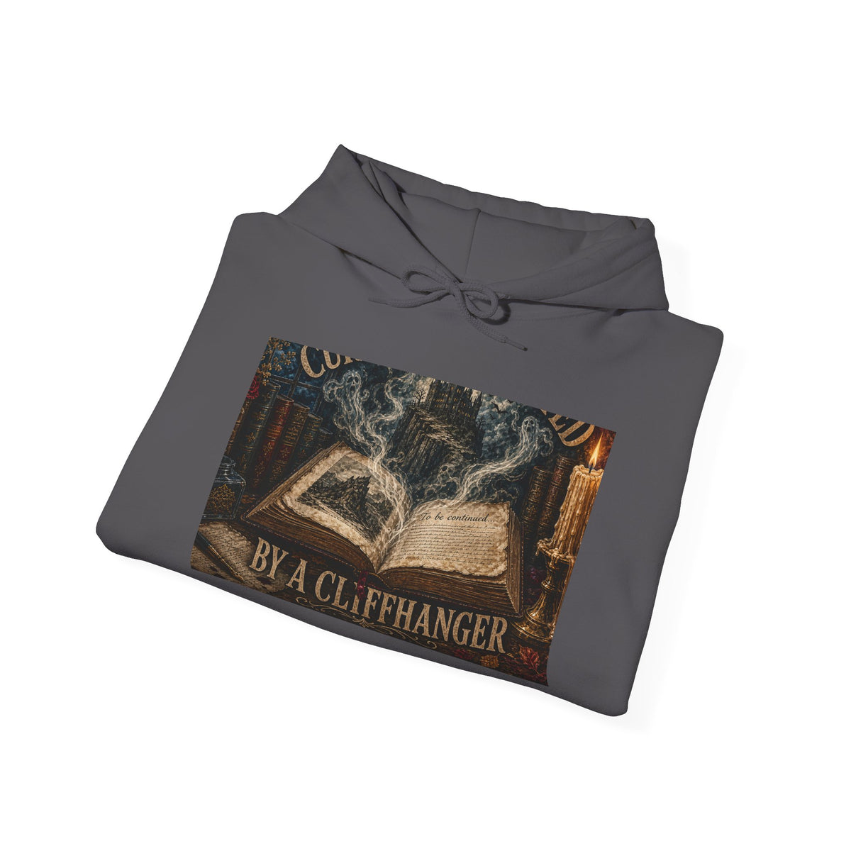 Hooded sweatshirt printed with an open book, a misty cliffside castle, candlelight and 'Currently Haunted by a Cliffhanger' (alternate view 12)