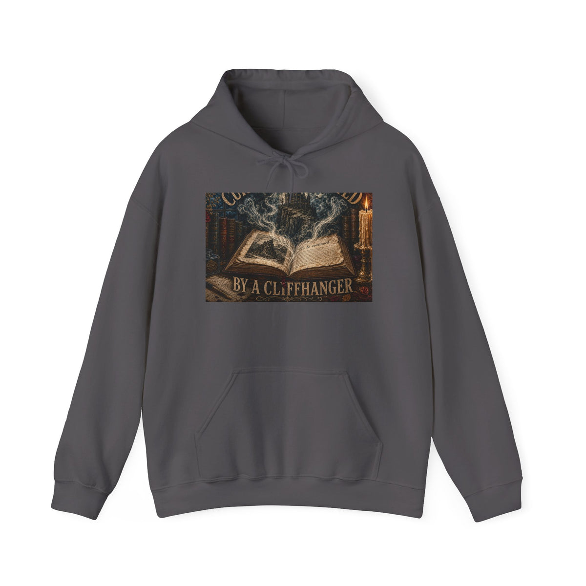 Charcoal hooded sweatshirt printed with an open book, a misty cliffside castle, candlelight and 'Currently Haunted by a Cliffhanger'