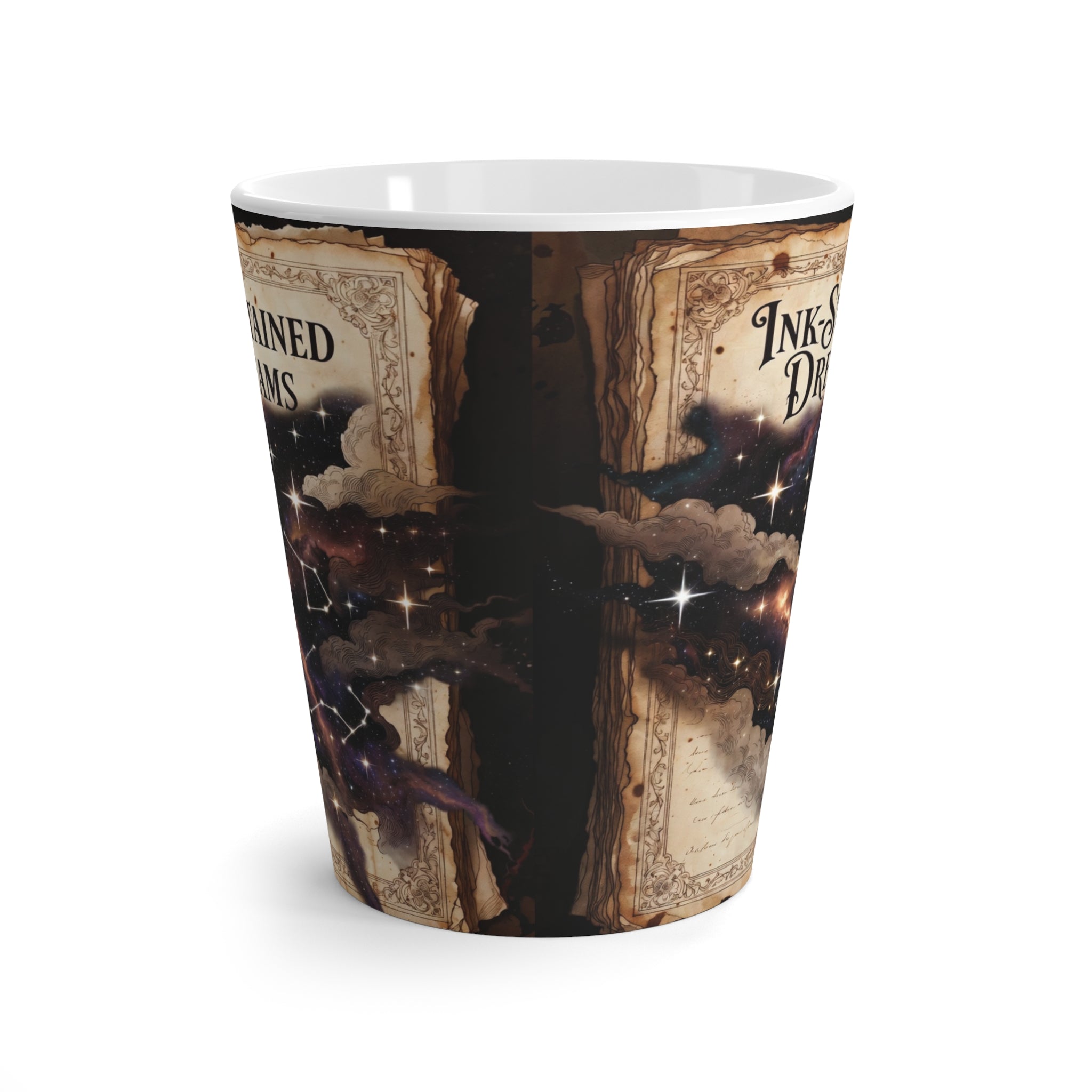 Latte Mug — "Ink-Stained Dreams" Galaxy Book Art Ceramic Mug