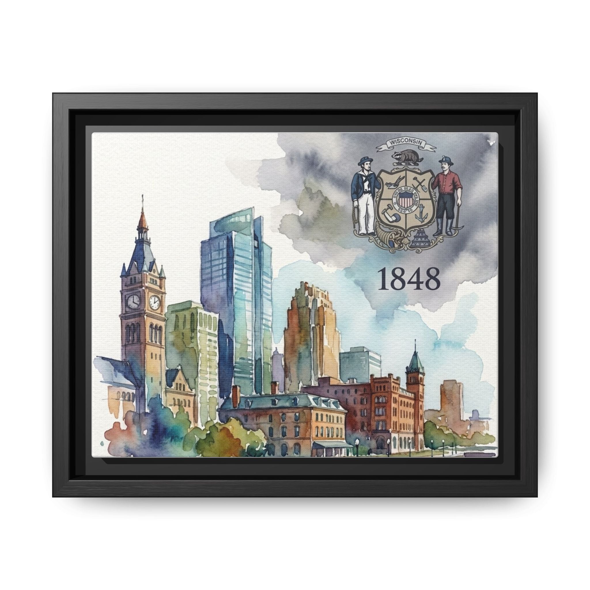 Wisconsin 1848 Milwaukee Skyline Framed Canvas