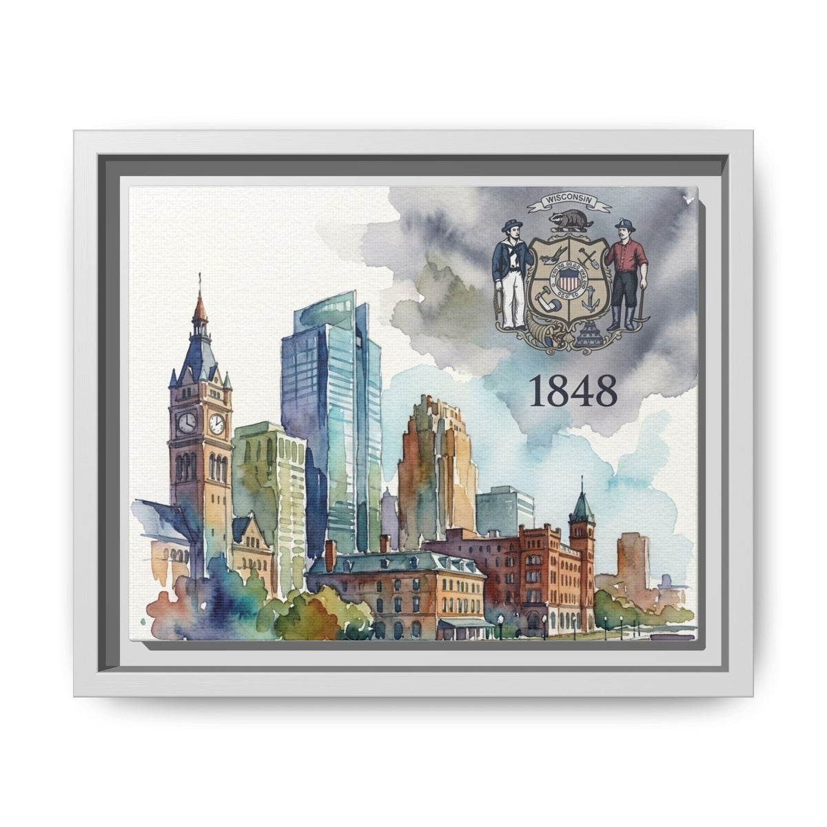 Wisconsin 1848 Milwaukee Skyline Framed Canvas