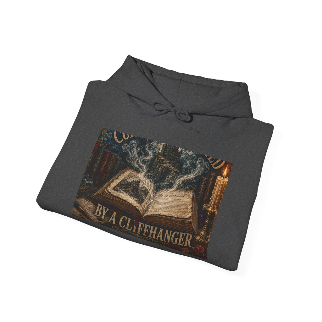 Hooded sweatshirt printed with an open book, a misty cliffside castle, candlelight and 'Currently Haunted by a Cliffhanger' (alternate view 9)