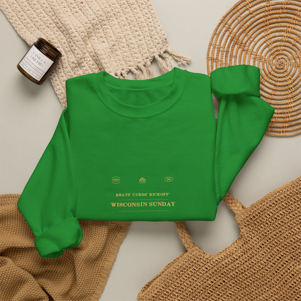 Brats. Curds. Kickoff. Wisconsin Sunday Crewneck Sweatshirt