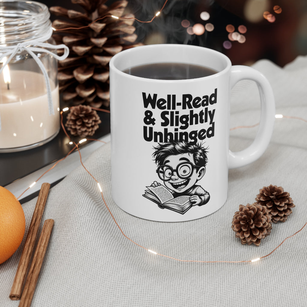 Ceramic mug printed with bold black 'Well-Read & Slightly Unhinged' type with a cartoon reader (alternate view 3)