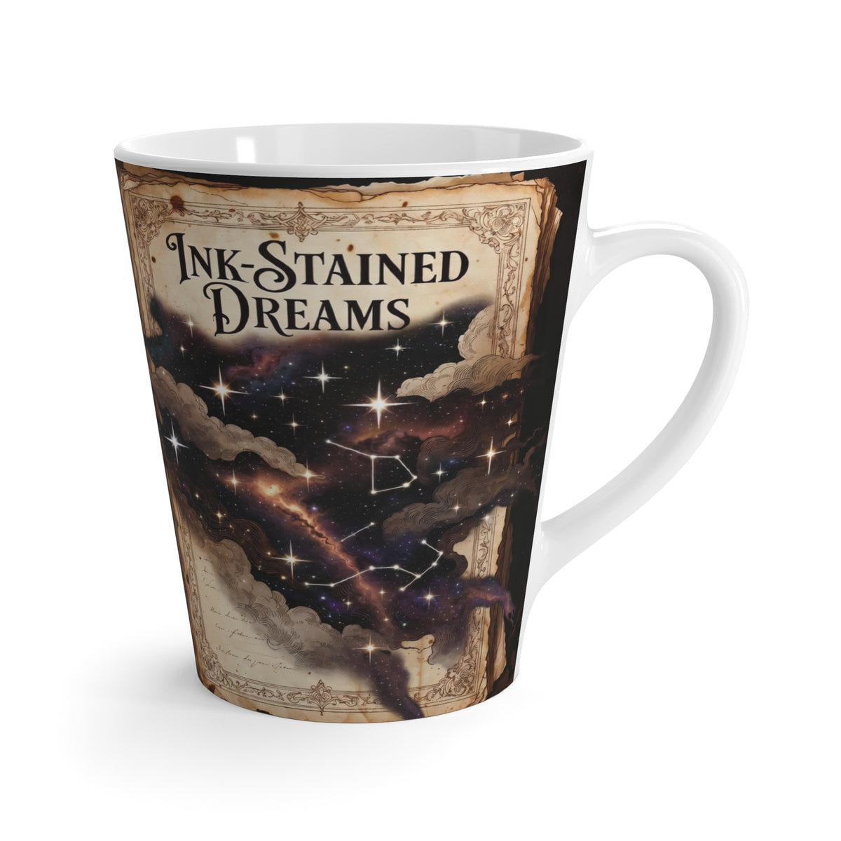 Latte Mug — "Ink-Stained Dreams" Galaxy Book Art Ceramic Mug