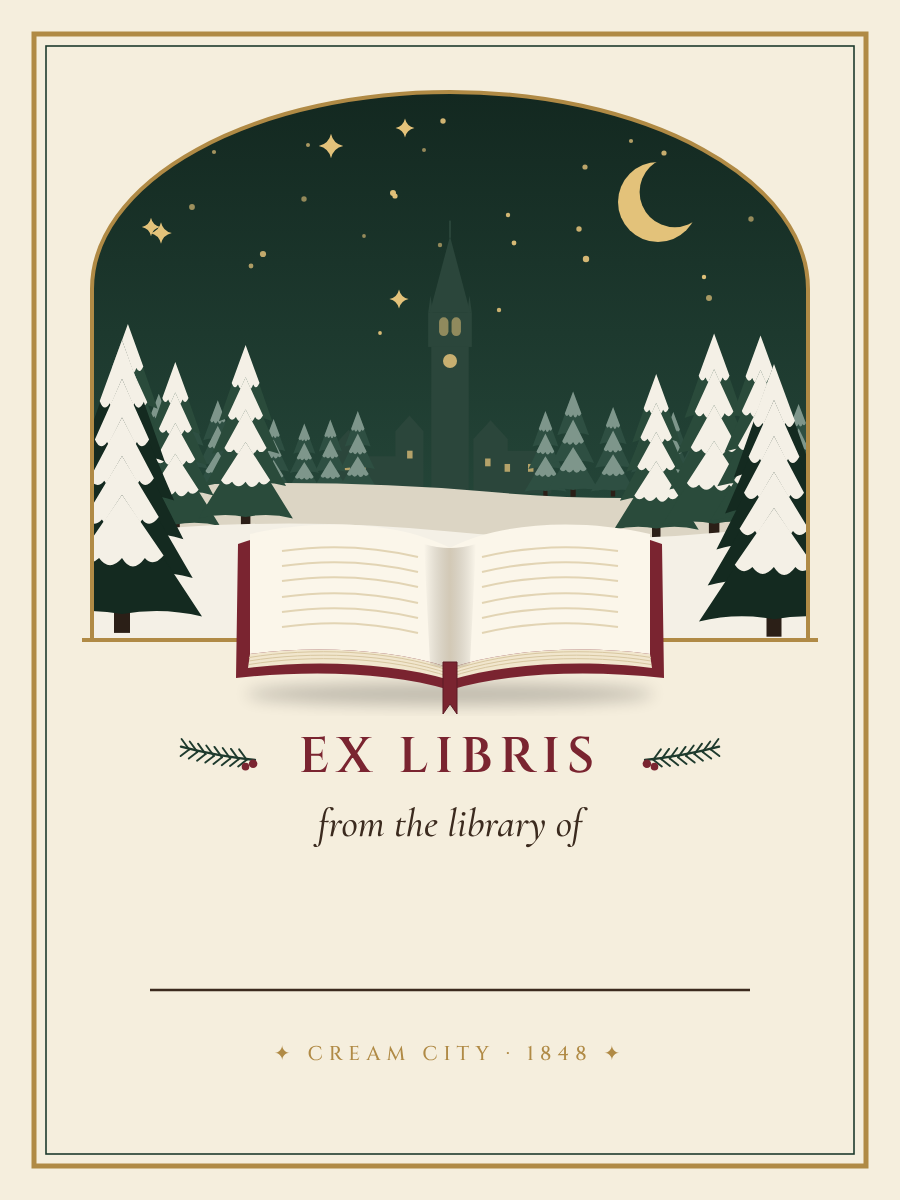 Cream City Holiday bookplate 3: ornate open book with gilt pages and ribbon bookmark, evergreen and winter-night stars — From the library of.