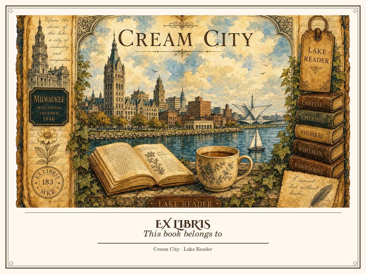 Bookplate style B: watercolor reader beside Lake Michigan with name line