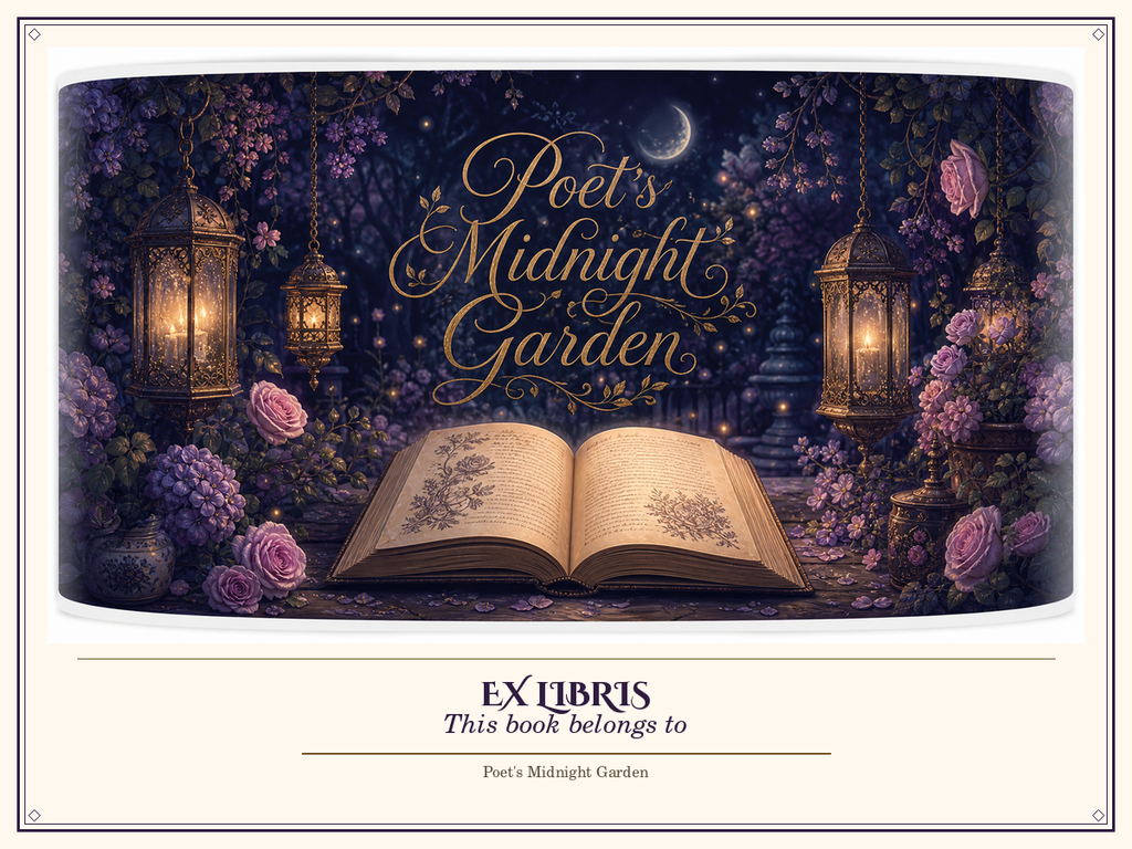 Bookplate style C: lantern-lit midnight garden with open book and name line