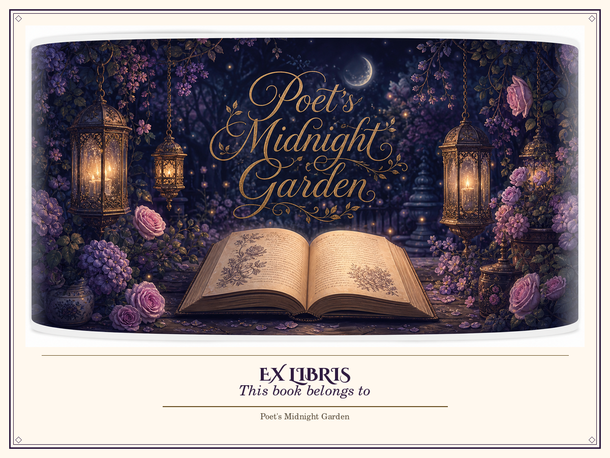 Bookplate style C: lantern-lit midnight garden with open book and name line