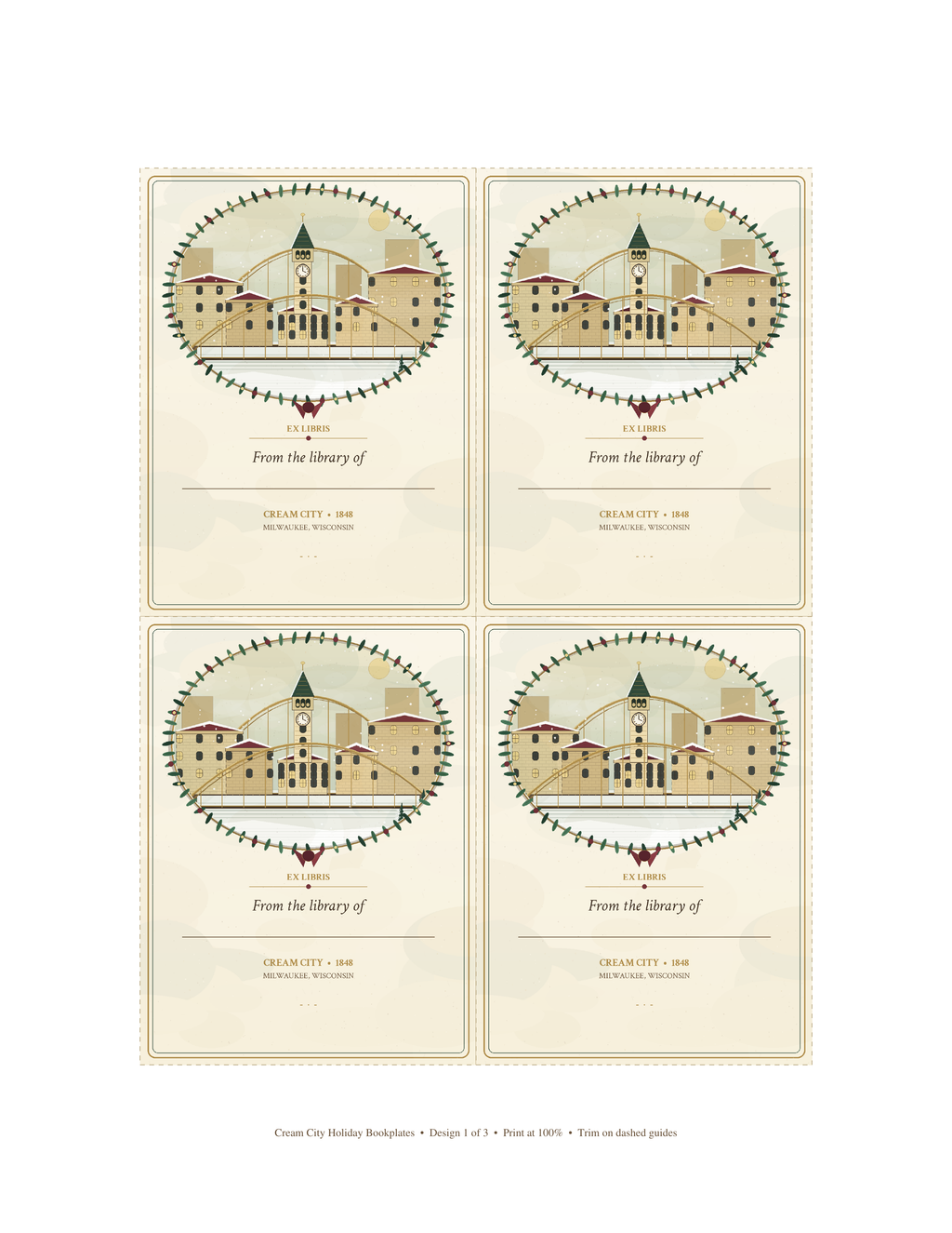 Cream City Holiday bookplate sheet 1: winter Milwaukee skyline bookplates, four to a US Letter page.