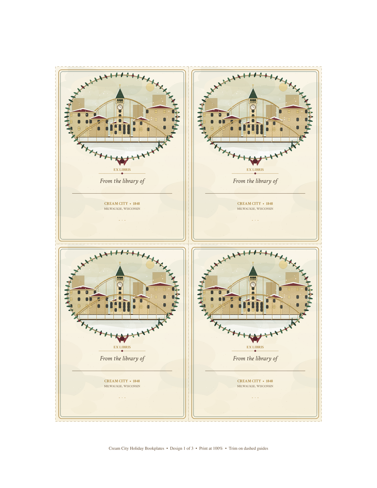 Cream City Holiday bookplate sheet 1: winter Milwaukee skyline bookplates, four to a US Letter page.