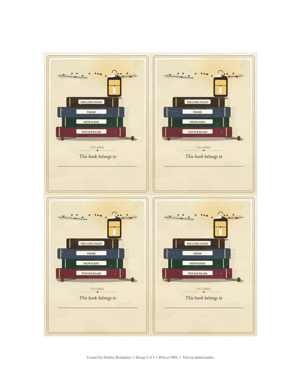 Cream City Holiday bookplate sheet 2: stacked books, pine and lantern bookplates, four to a US Letter page.
