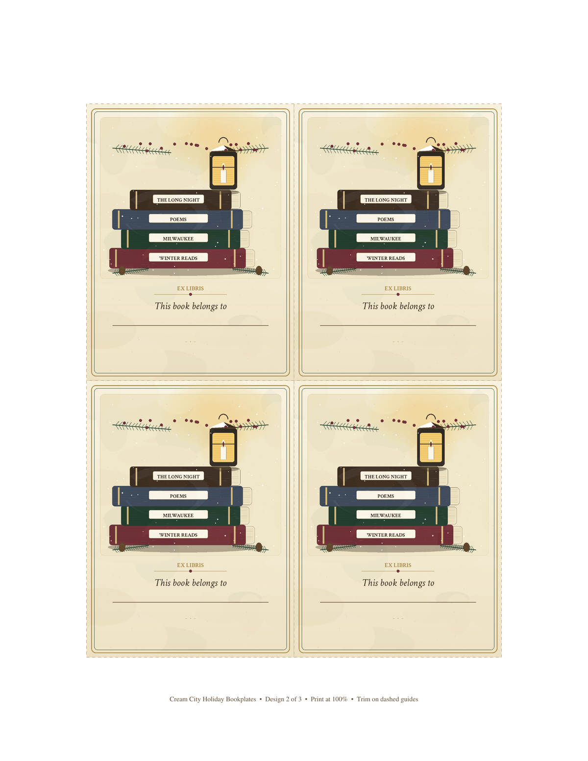 Cream City Holiday bookplate sheet 2: stacked books, pine and lantern bookplates, four to a US Letter page.