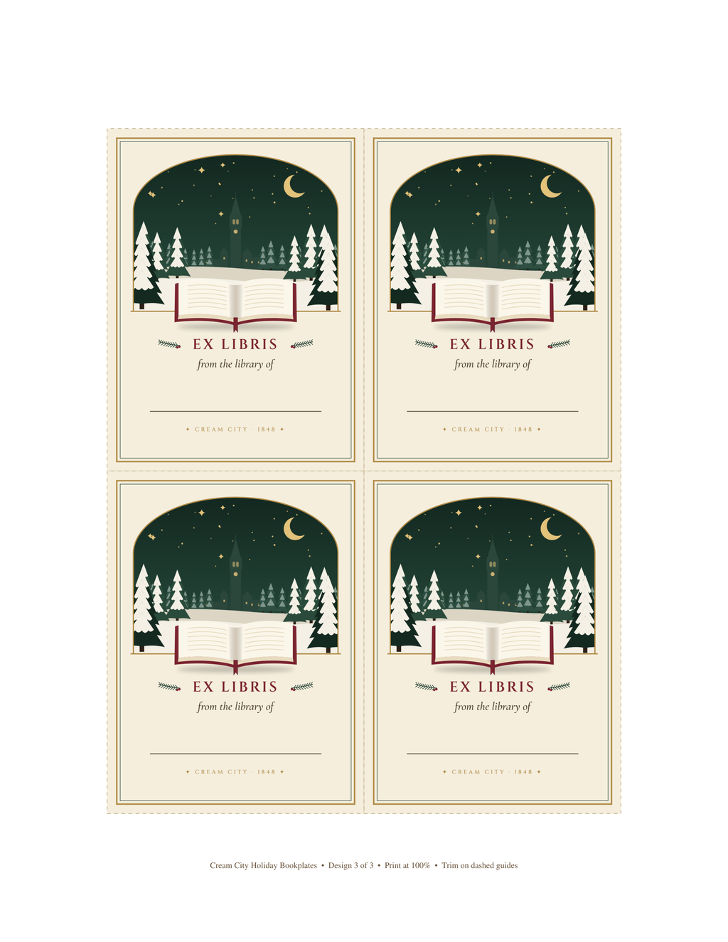 Cream City Holiday bookplate sheet 3: open book with evergreen and stars bookplates, four to a US Letter page.