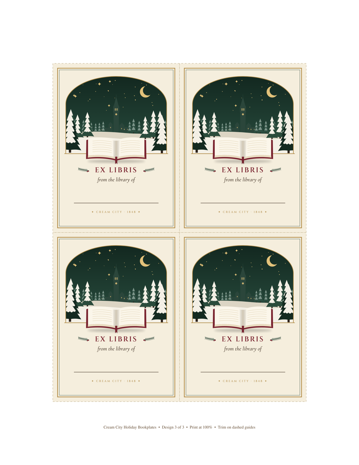 Cream City Holiday bookplate sheet 3: open book with evergreen and stars bookplates, four to a US Letter page.
