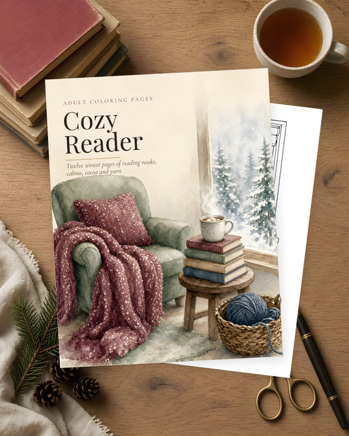 Cozy Reader adult coloring pages printable cover with a watercolor reading chair, red knit throw, stack of books and snowy window, on a wooden table with tea.