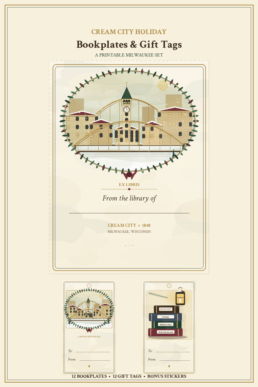 Cream City Holiday bookplate with Milwaukee skyline, City Hall clock tower and Hoan Bridge inside an evergreen wreath, above two matching To/From gift tags, in evergreen, cranberry-burgundy and antique gold on cream.