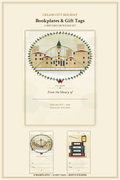 Cream City Holiday bookplate with Milwaukee skyline, City Hall clock tower and Hoan Bridge inside an evergreen wreath, above two matching To/From gift tags, in evergreen, cranberry-burgundy and antique gold on cream.