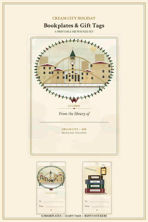Cream City Holiday bookplate with Milwaukee skyline, City Hall clock tower and Hoan Bridge inside an evergreen wreath, above two matching To/From gift tags, in evergreen, cranberry-burgundy and antique gold on cream.