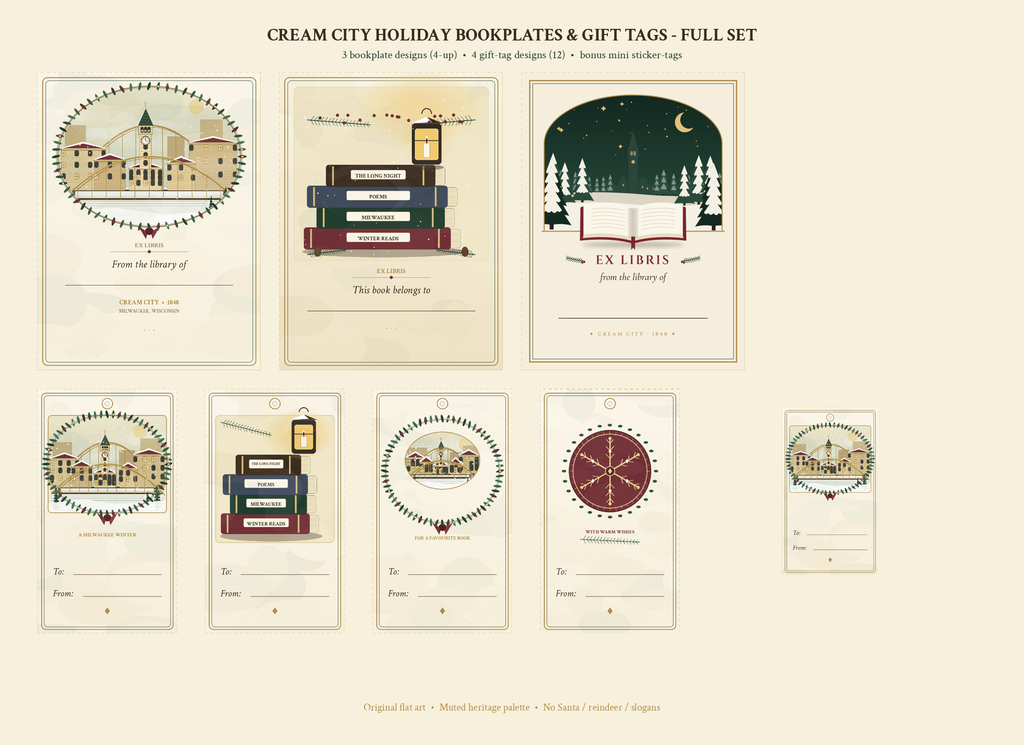 Full Cream City Holiday set laid out flat: three bookplate designs, four gift-tag designs and a bonus mini sticker-tag, muted heritage colours on cream parchment.