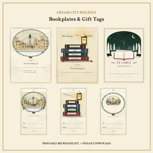 All three Cream City Holiday bookplate designs and three gift tags — Milwaukee skyline, stacked books with lantern, and open book with evergreen — printable Milwaukee set.