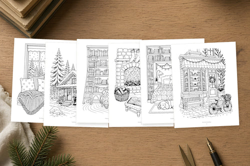 Six Cozy Reader coloring pages laid out in black-and-white line art: a window nook, library corner, bookshop, yarn basket and winter reading scenes.