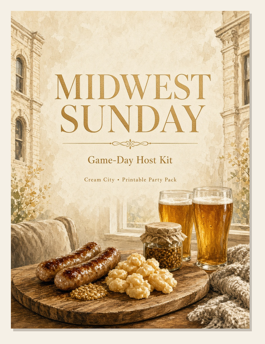 Midwest Sunday Game-Day Host Kit cover: gold title over a painted Cream City brick still life with brats, cheese curds, mustard and two glasses on a wooden board.
