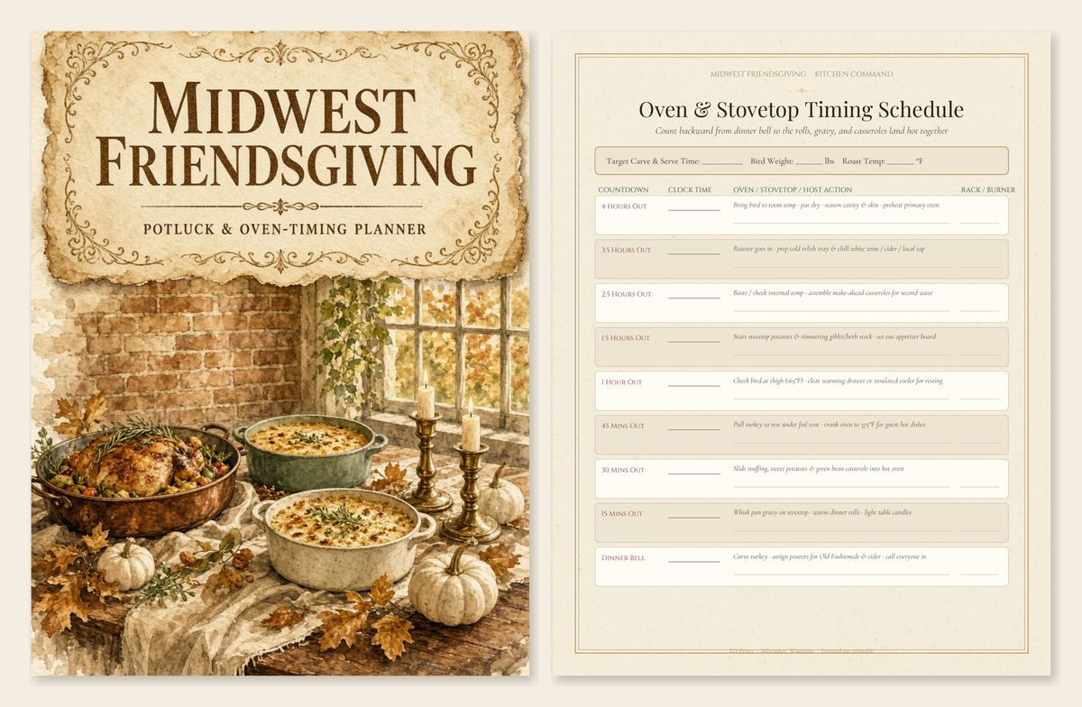 Midwest Friendsgiving Potluck and Oven-Timing Planner cover and schedule preview: painted copper roaster, ceramic casserole dishes, brass candlesticks, and white pumpkins.
