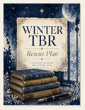Winter TBR Rescue Plan cover: painted stack of clothbound books and a fountain pen under a starry navy winter sky with the moon and frosted branches.