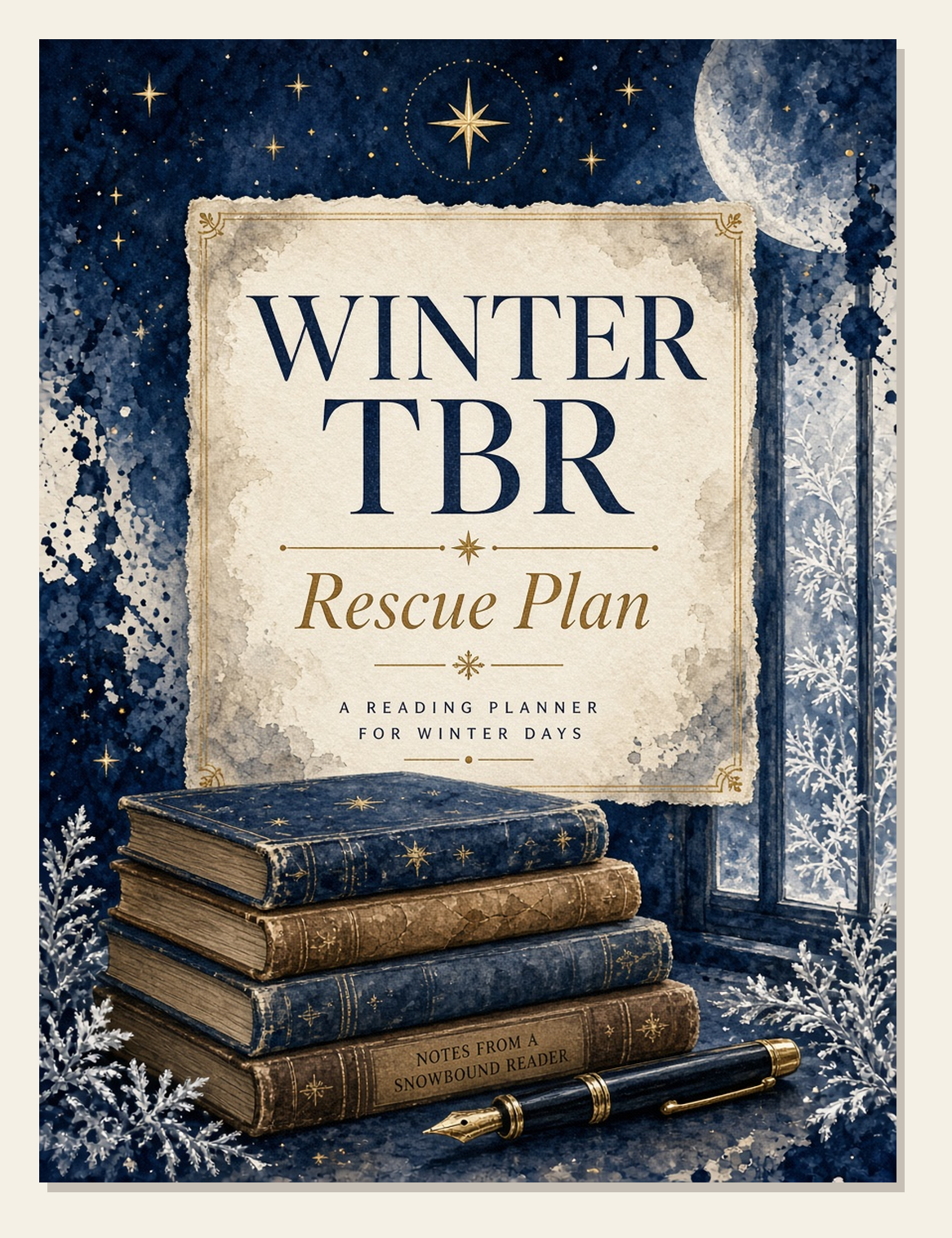 Winter TBR Rescue Plan cover: painted stack of clothbound books and a fountain pen under a starry navy winter sky with the moon and frosted branches.