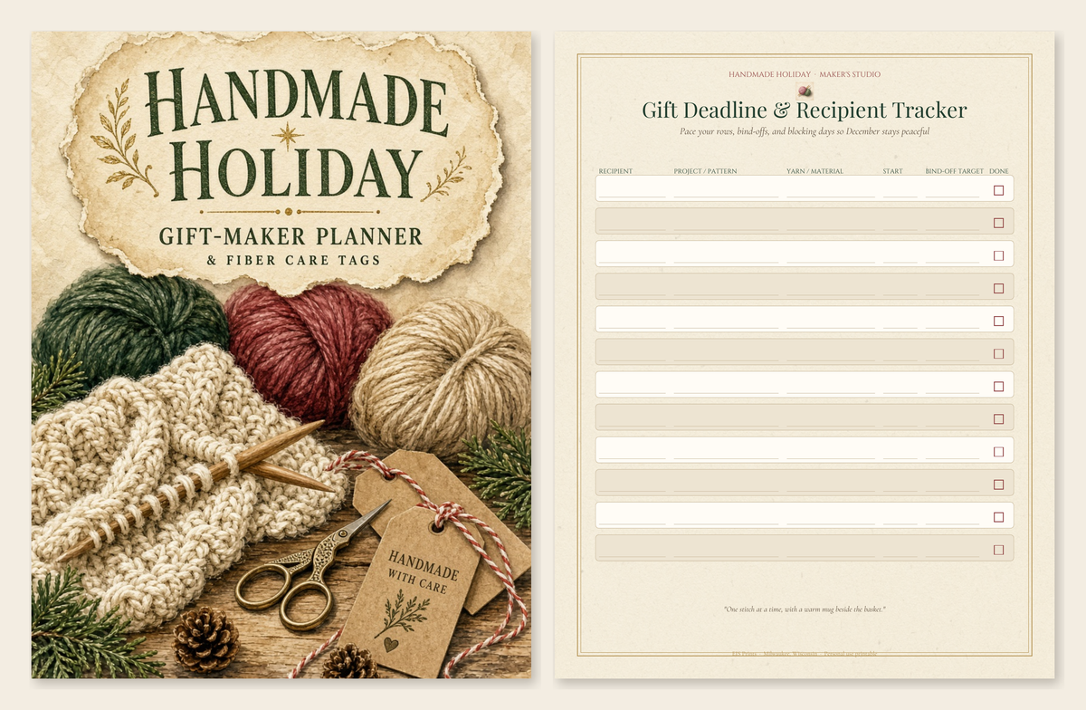 Handmade Holiday Gift-Maker Planner and Fiber Care Tags cover and project tracker preview: painted cabled cream knitwear on wooden needles, merino yarn skeins, and brass stork scissors.