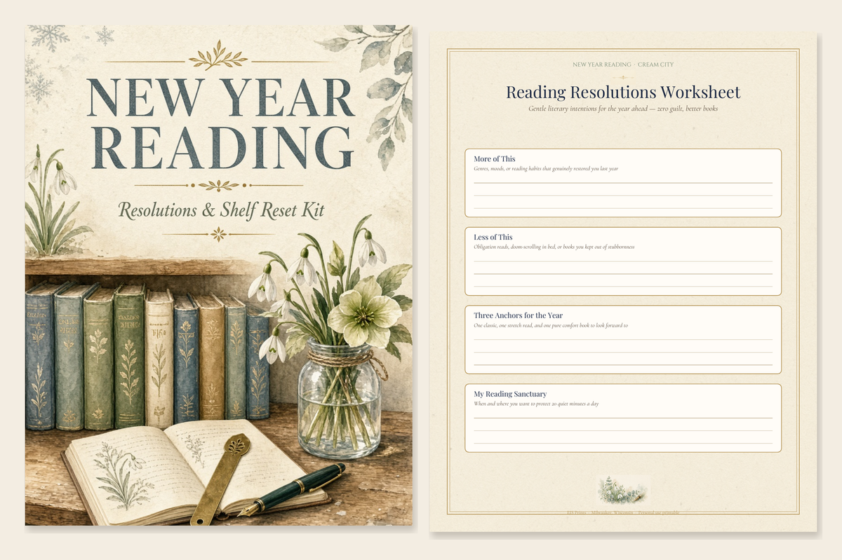New Year Reading Resolutions and Shelf Reset Kit cover and worksheet preview: painted wooden bookshelf with clothbound books, snowdrops in a jar, open botanical journal and fountain pen.