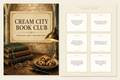 Cream City Book Club Discussion Cards cover and card sheet preview: painted collegiate Cream City brick study with leather-bound books, brass lamp, spectacles and cookies.