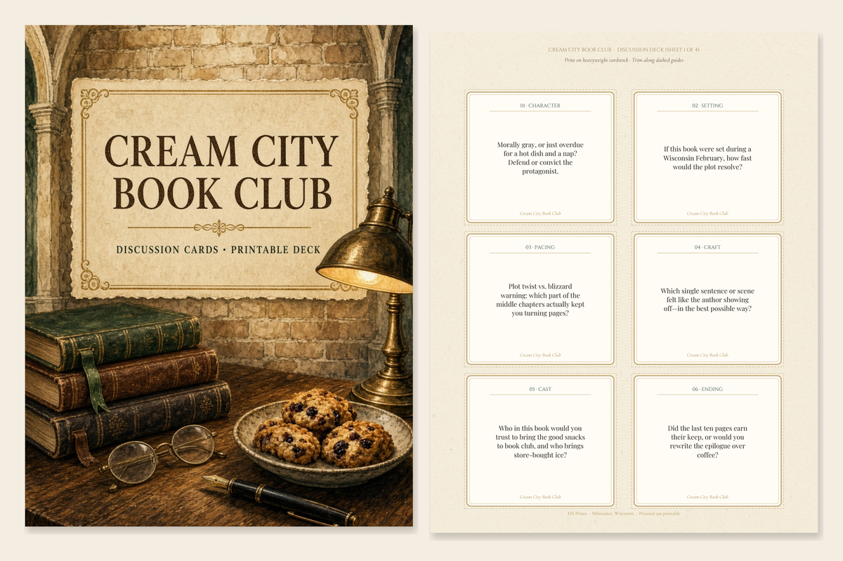 Cream City Book Club Discussion Cards cover and card sheet preview: painted collegiate Cream City brick study with leather-bound books, brass lamp, spectacles and cookies.