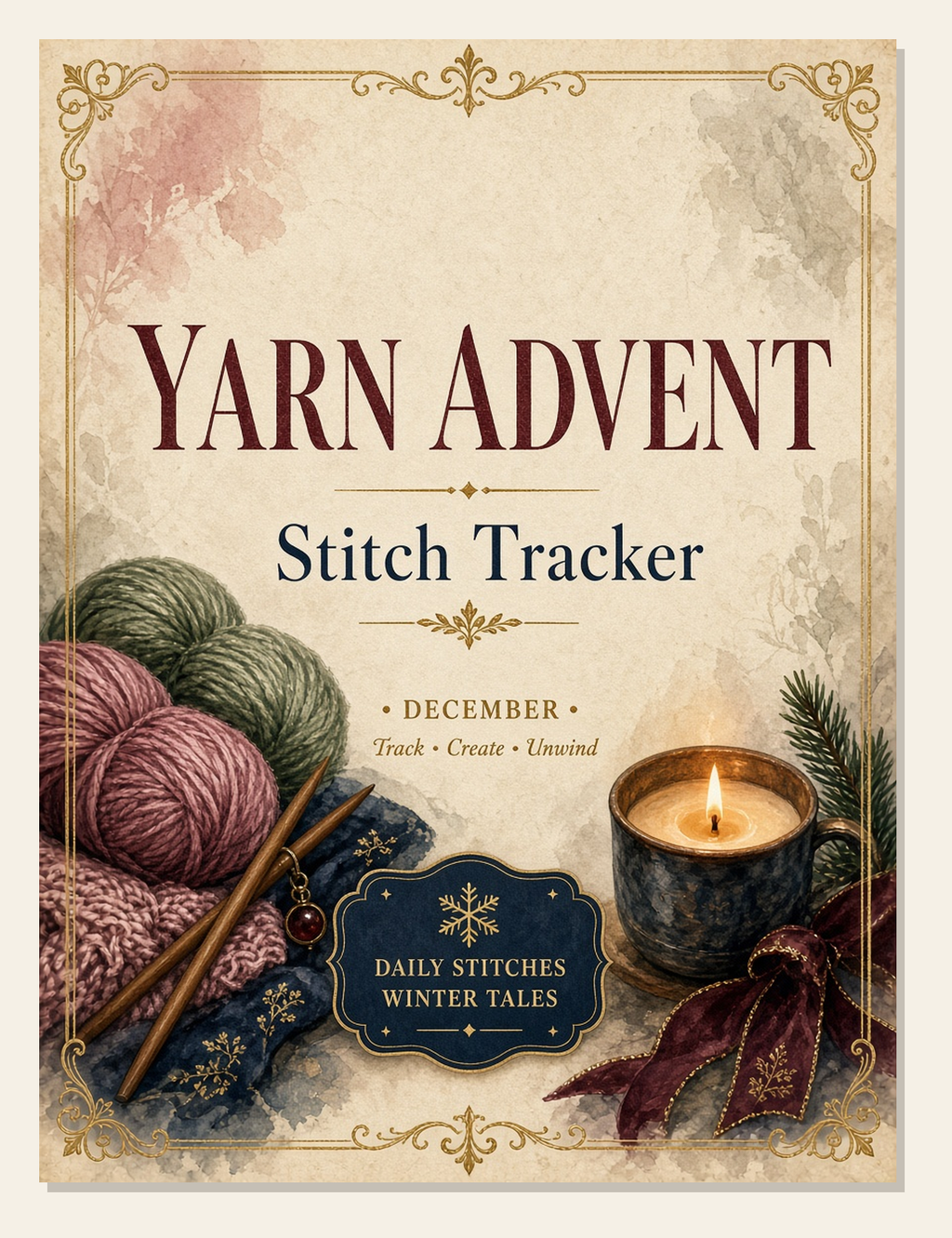 Yarn Advent Stitch Tracker cover: painted skeins of rose and sage yarn, knitting needles and a lit candle in a mug on cream, with the word December.