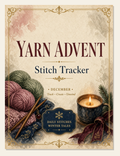 Yarn Advent Stitch Tracker cover: painted skeins of rose and sage yarn, knitting needles and a lit candle in a mug on cream, with the word December.