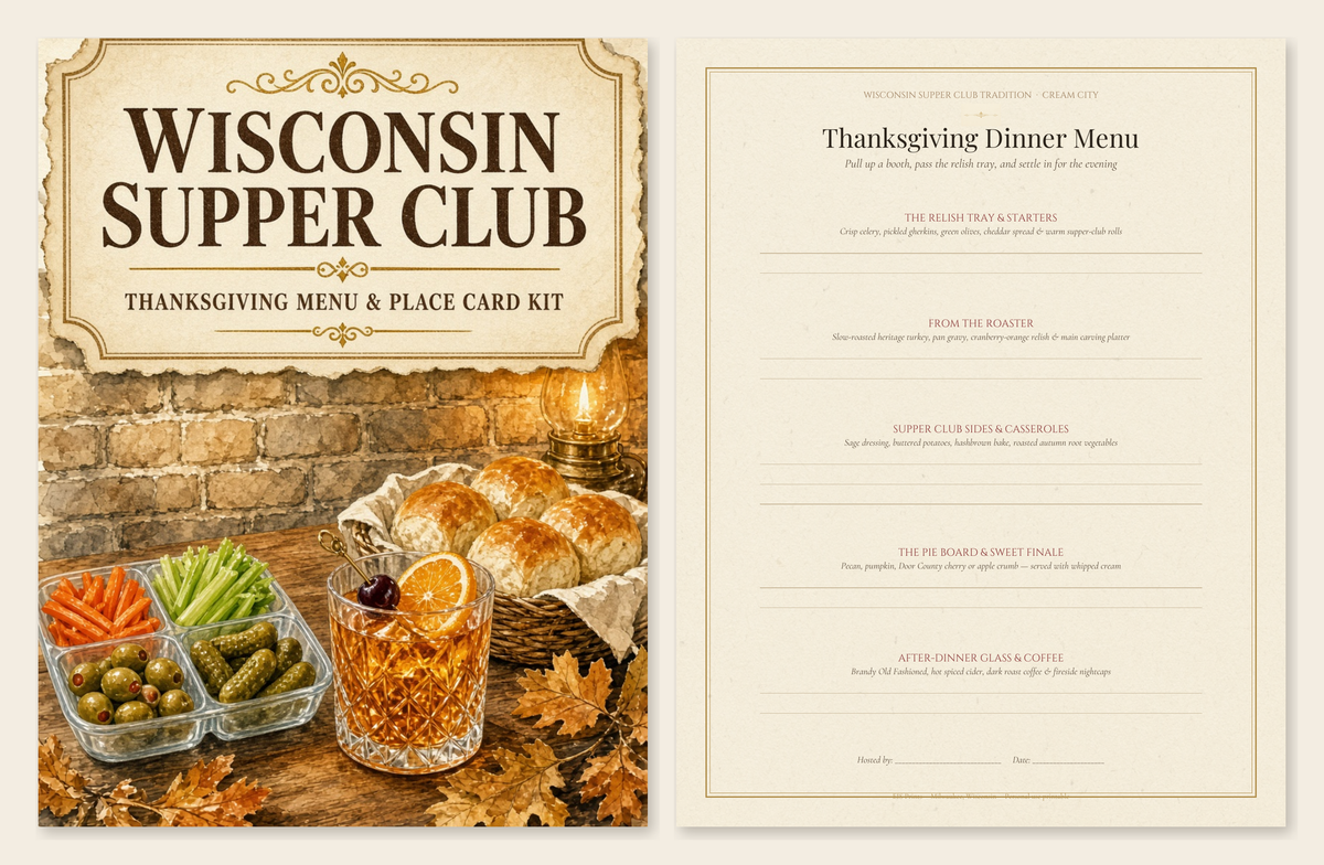 Wisconsin Supper Club Thanksgiving Menu and Place Card Kit cover and dinner menu preview: painted relish tray, Brandy Old Fashioned, dinner rolls, and amber lamp against Cream City brick.